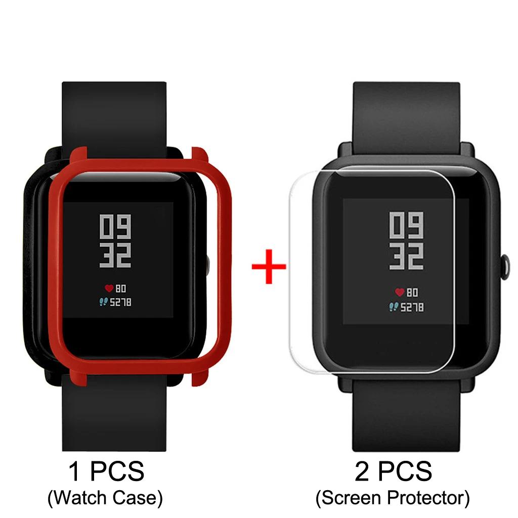 Красный Inasmile Стильный чехол+ 2 шт Защитная пленка для экрана для xiaomi correa amazfit bip ремень pulseira amazfit bip чехол Аксессуары - Цвет: Красный