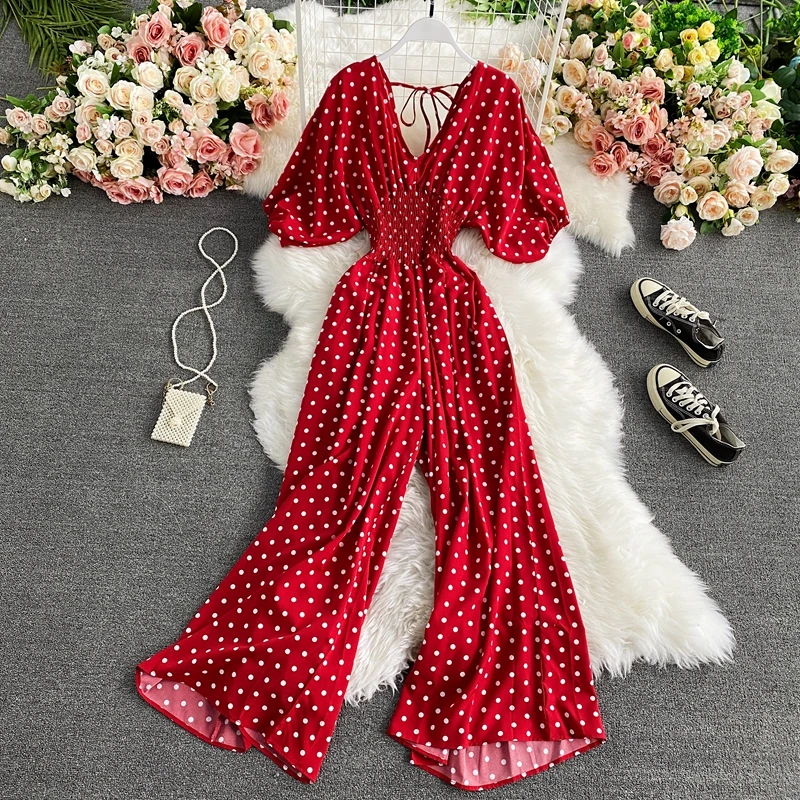 

FAKUNTN Sexy Polka Dot Autumn Romper Women Elegant V-Neck Puff Short Sleeve High Waist Jumpsuit Female Loose Wide Leg Playsuits