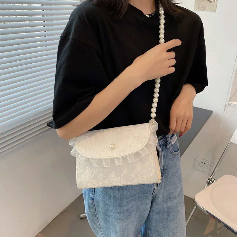 

Small Portable Women's Handbags with Pearls Elegant Ladies Lace Flap Shoulder Messenger Bags Fashion Simple Female Crossbody Bag