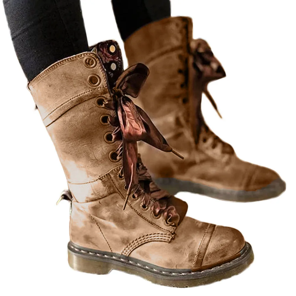 2019 boots women Retro Shoes Leather Middle Boot Non-Slip Round Toe Lace-Up Boots zapatos de mujer ботинки женские#C20 | Обувь