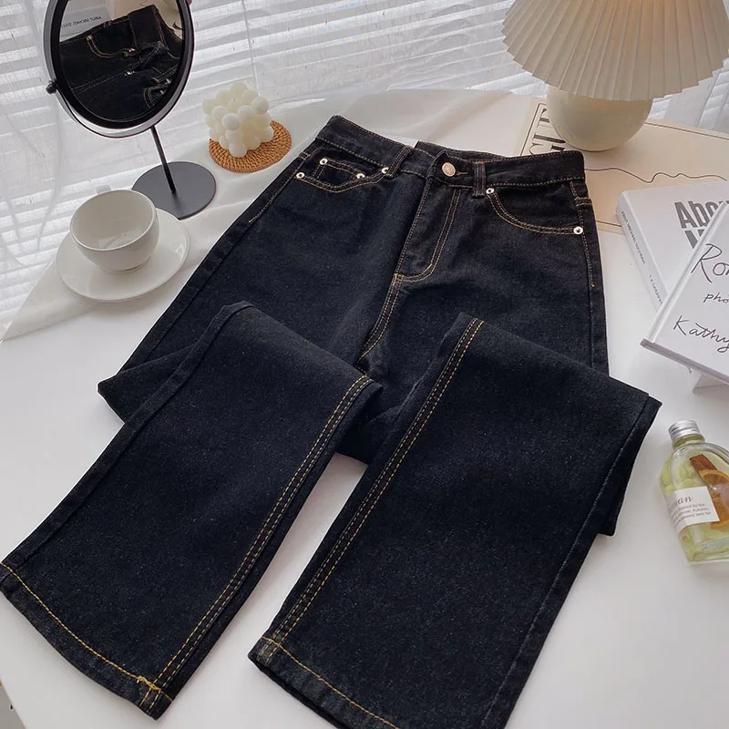 

Vintage Autumn Women's Jeans Straight Wide Legs Loose Thin Student Korean All-Match Simple High Waist Black Female Trouser Daily