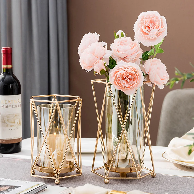 

Golden Glass Flower Vase Metal Crystal Candle Holder Nordic Home Decoration Terrarium Living Room Centerpiece Table Accessories