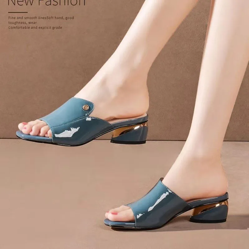 

High Grade Sexy Women Shoes Sandals Slipper In Summer New Style Thick Heel Soft Leather Fashion Fish Mouth Plus Size Fur Slides