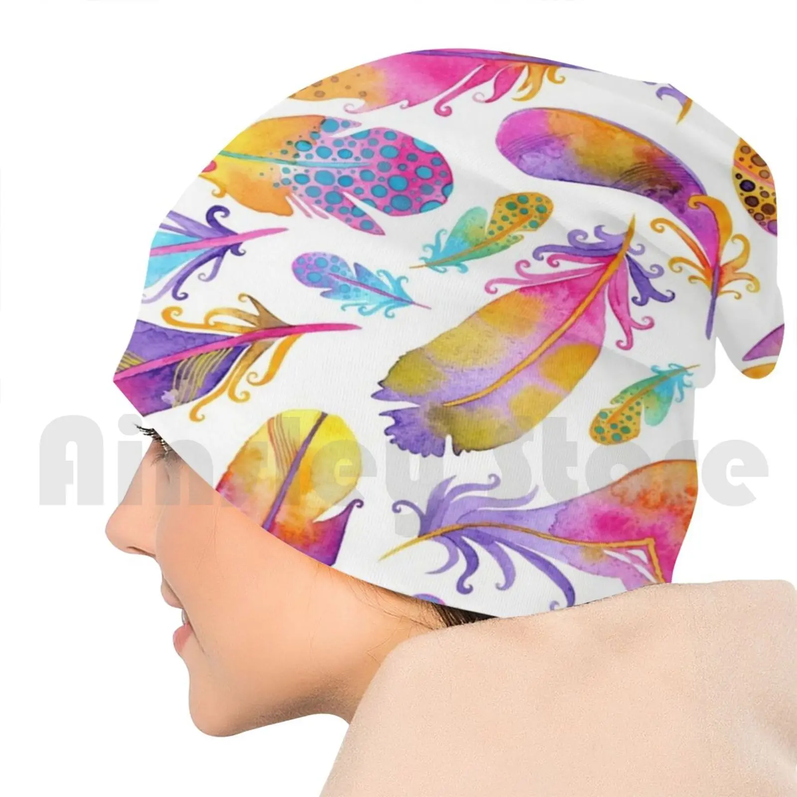 Шапочки пуловеры с рисунком акварельных перьев и заката удобные шапочки