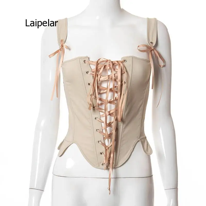 

Women's Summer New Fashion Bandage Fishbone High Waist Slim Sleeveless Sexy Top Female Elegant Summer