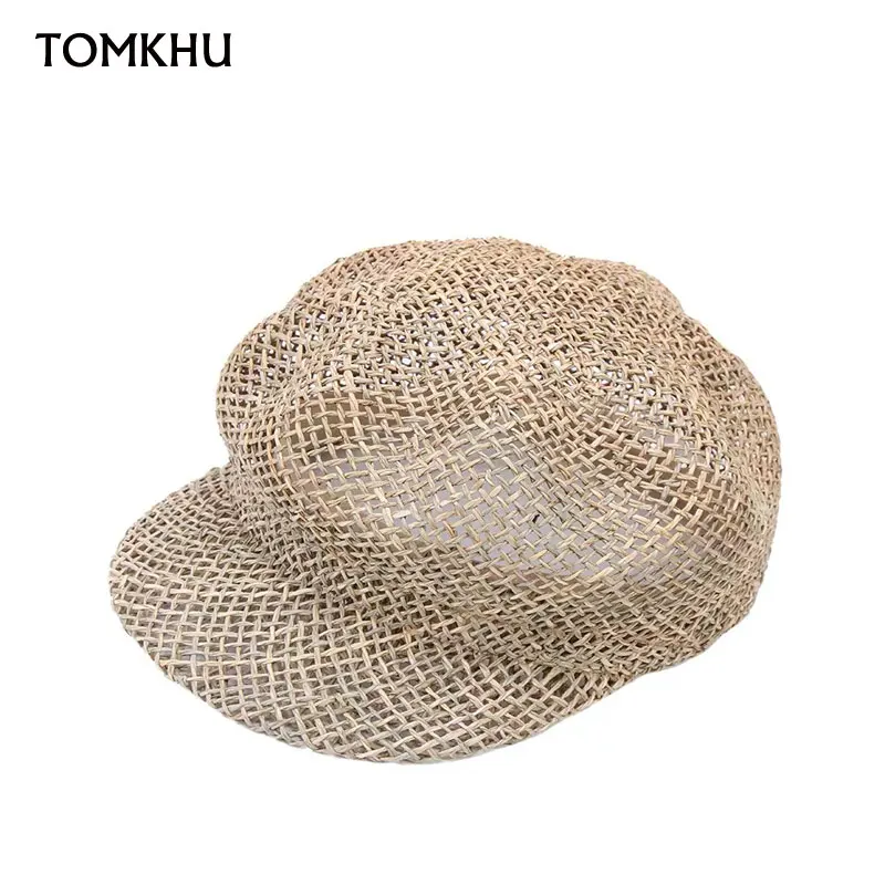 

TOMKHU New Straw Sun Hats Newsboy Cap Women Baker Boy Hat Female Khaki British Style Retro Designer Brand Summer Octagonal Cap