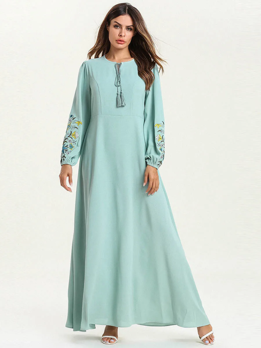 Женское кружевное платье с вышивкой Abaya свободное однотонное длинным рукавом