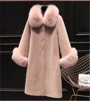 autumn luxury fake fox fur collar women jacket real wool fur coats long warm sheep shearling winter coat jacket