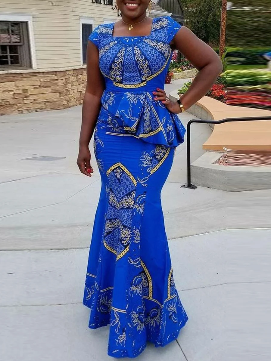 Платье женское повседневное синее с высокой талией и принтом|Женские платья| |