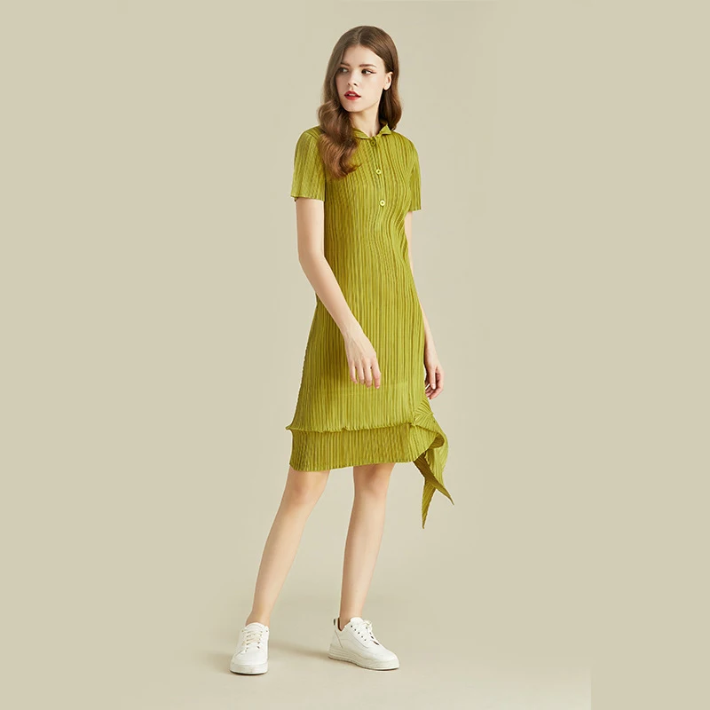 LANMREM зеленое платье с коротким рукавом отворотом плиссированное асимметричное