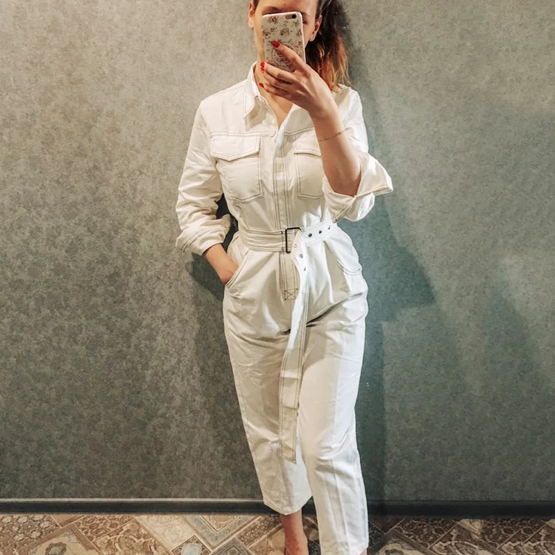 Женский джинсовый комбинезон с длинным рукавом черный/белый повседневный 2019 |