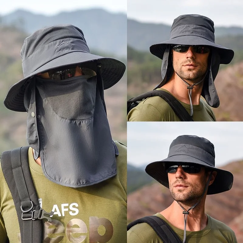 

2021 Bucket Hat Unisex Fashion Designer Bonnets with Mask Outdoor Camping Hiking Windproof Cap Solid Color Sun Hat Large Brim