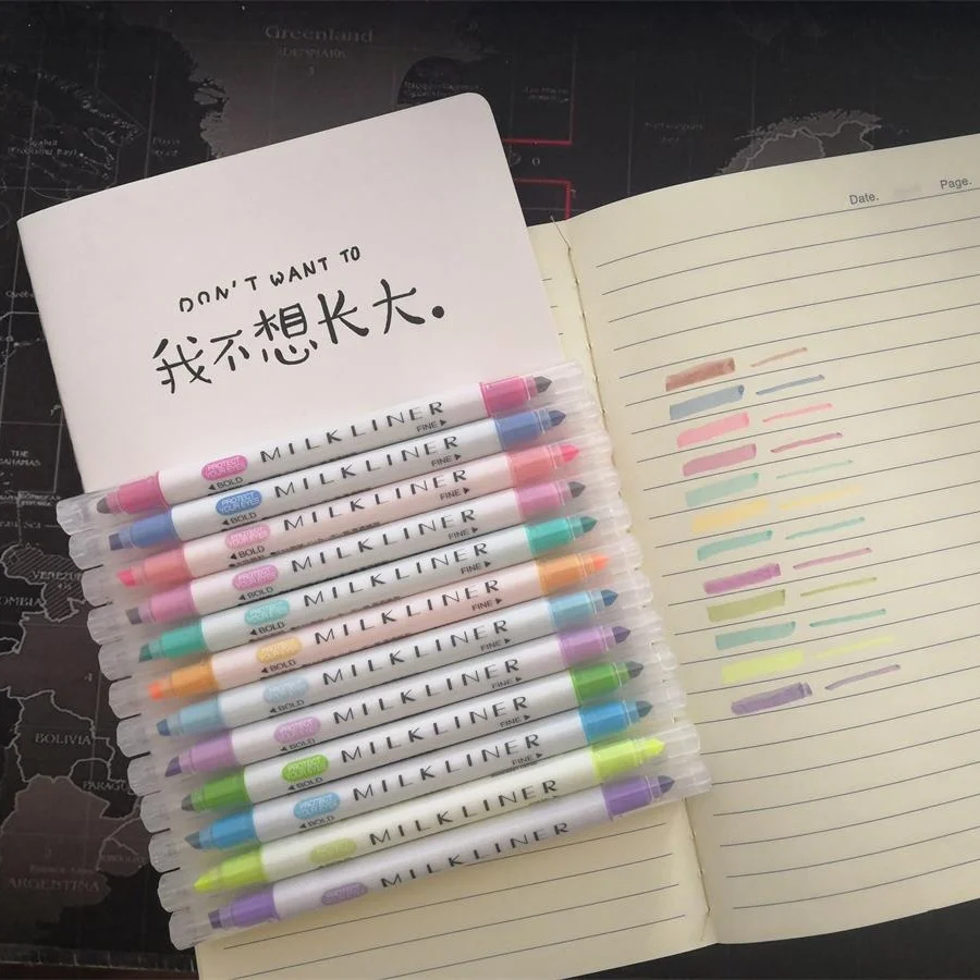 

12 Colors Cute Double Head Fluorescent Mark Pen Milkliner Highlighters Marker School Office Supplies