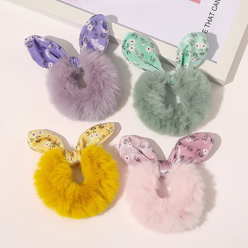 

Scrunchie Headbands Cute Plush Rabbit Ear Elastic Hair band Korean Fashion Plush bowknot Rubber band For Women Hair accessories