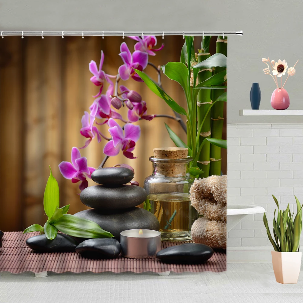 

Zen China Buddha Statue Green Bamboo Pebble Buddhism Shower Curtain Polyester Waterproof With Hook Partition Screen Home Decor