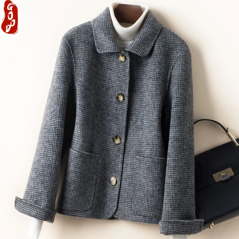 

Elegant 100% Wool Coat Female Korean Woolen Jackets Women Clothes 2021 Slim Plaid Coat Spring Autumn Overcoat 1907777W751