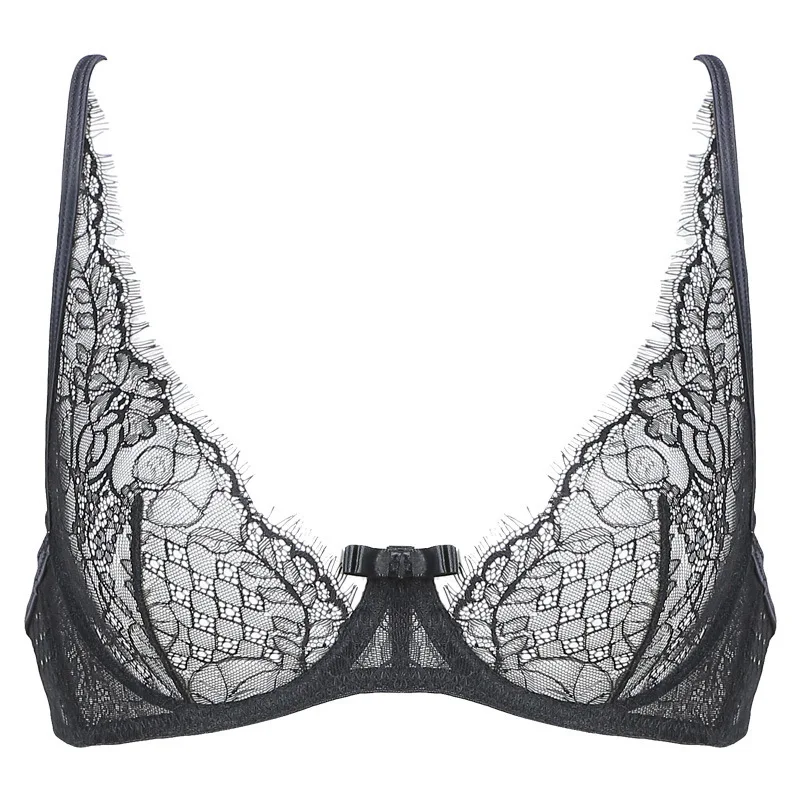 Тонкий сексуальный бюстгальтер без косточек прозрачный кружевной Черные