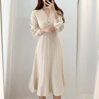 one piece korean pleated dress 2021 new spring long sleeve slim woman sweater dresses knitted vintage elegant midi party dress