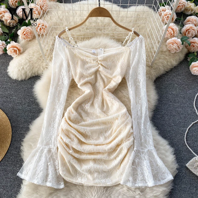 

HangCode Romantic Women Off Shoulder Beading Straps Lace Dress Ins Hot Sexy Package Hips Mini Bodycon Party Dress Spring Summer
