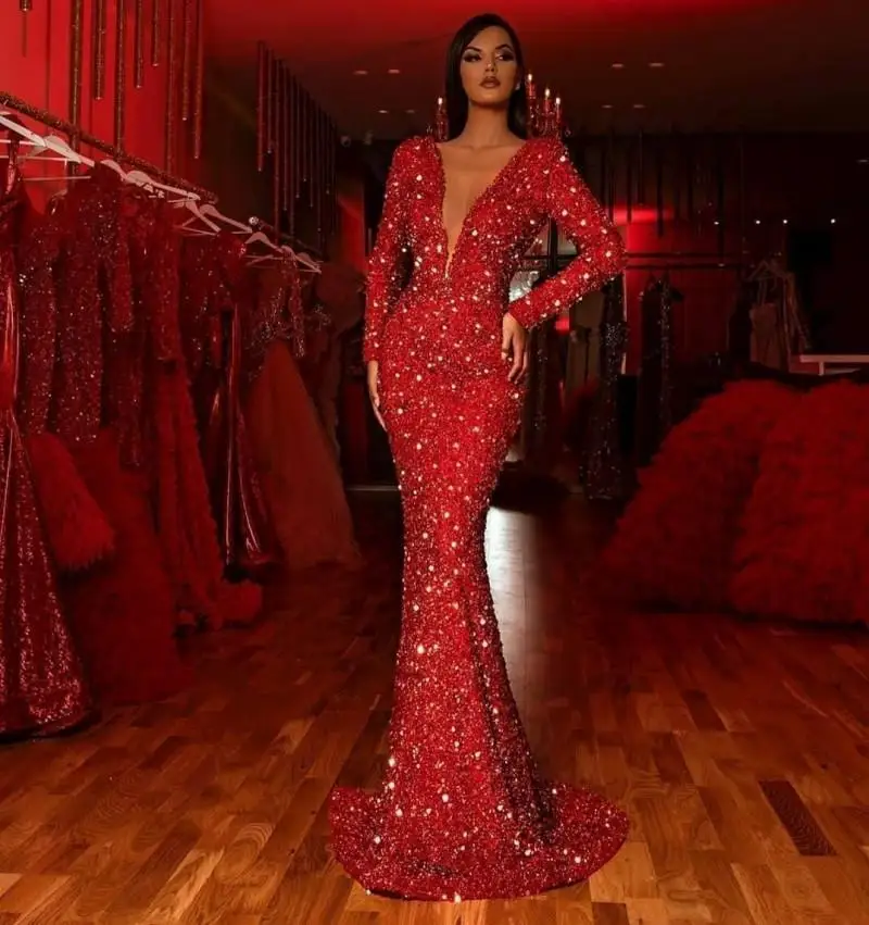 

Red Sequined Mermaid Evening Dresses Arabic Long Sleeve Plunging V Neck Couture Formal Prom Gowns Party Wear