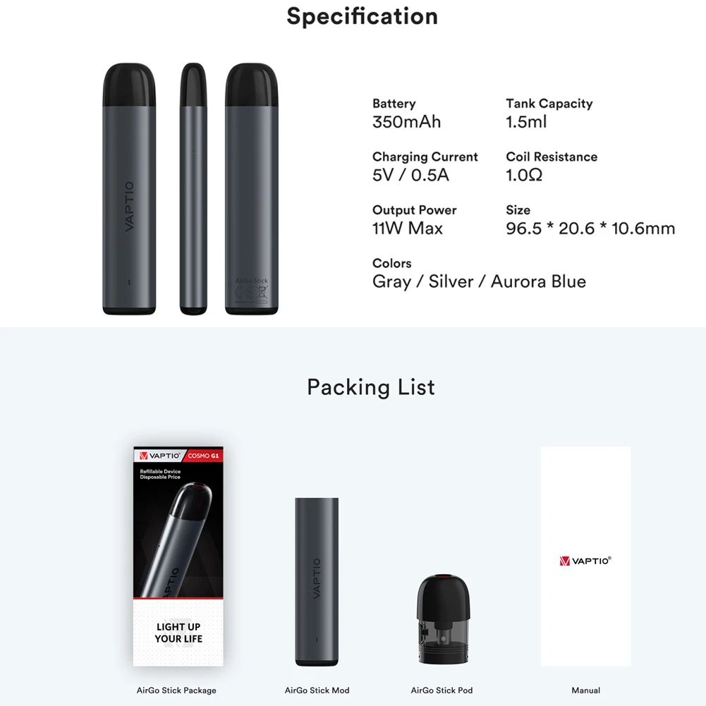 Новый Vaptio Airgo палка мини Комплект 350 мА/ч Батарея 1 5 мл многоразовый нагреваемый Pod