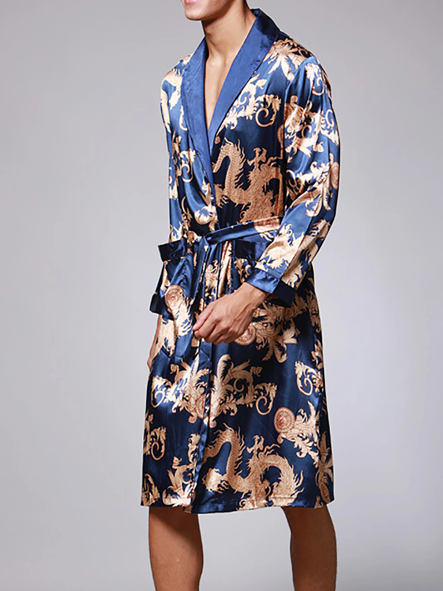 Men's Silk Satin Robe Pajamas Long Sleeve Pattern Dragon PJ Kimono Bathrobe