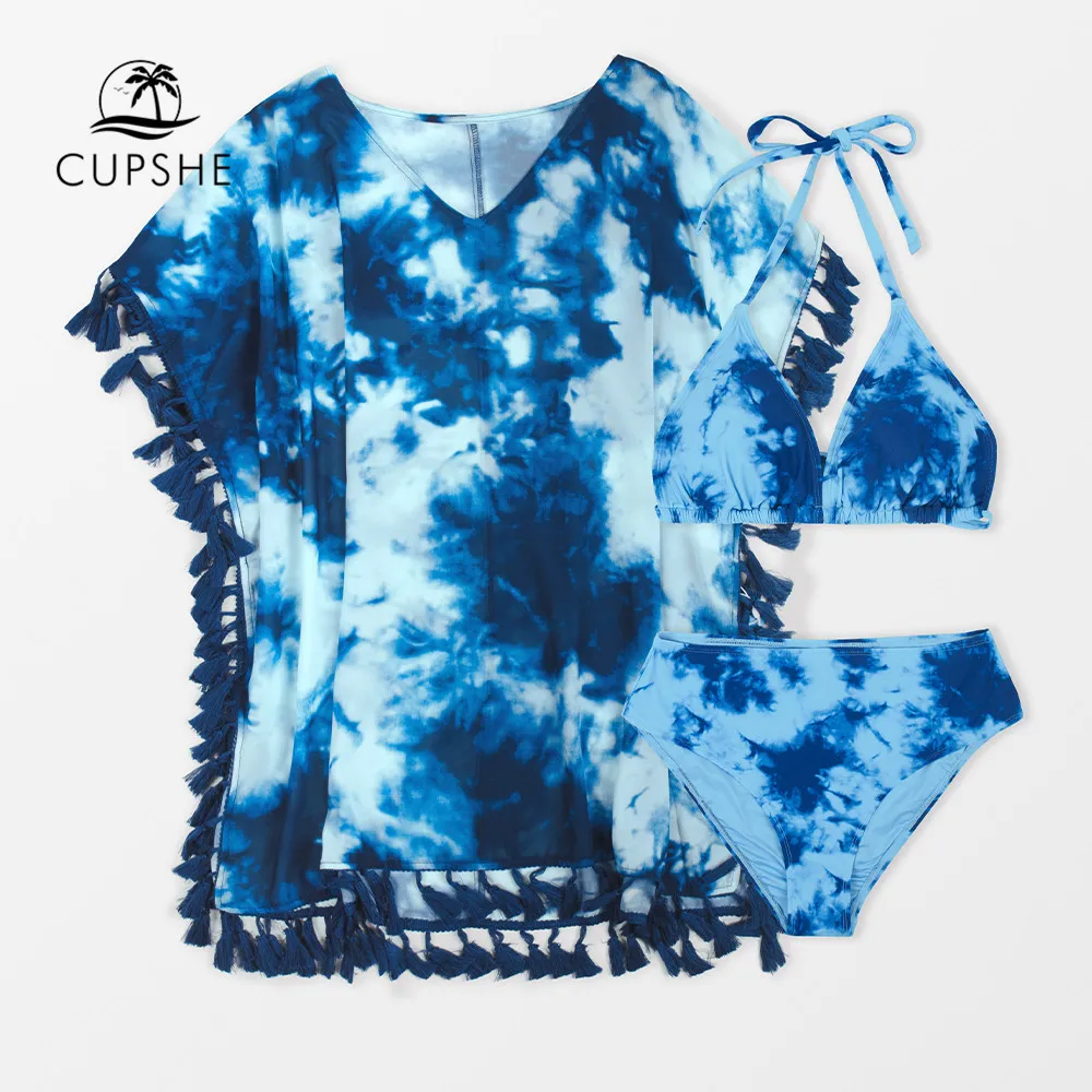 CUPSHE 3 шт. в упаковке купальник-бикини с галстуком-краской и накидка комплекты для