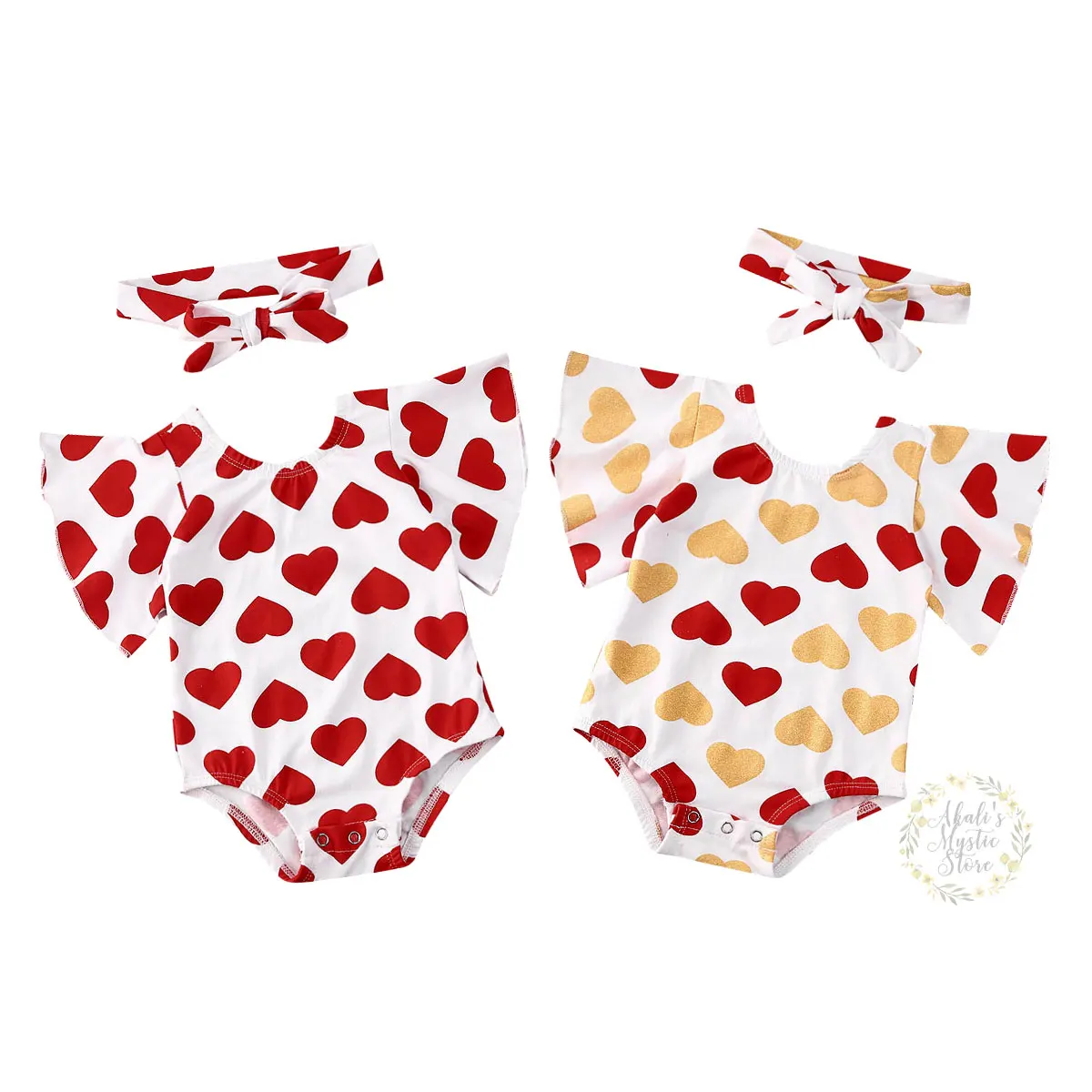 Infant Baby Girls Valentine/'s Day Hearts Print Ruffles Romper Jumpsuit+Headbands