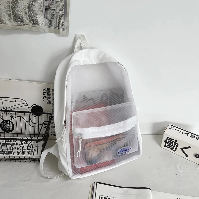 

Женский модный рюкзак, крутая прозрачная однотонная сетчатая нейлоновая тканевая школьная сумка, Вместительная дорожная сумка для покупок...