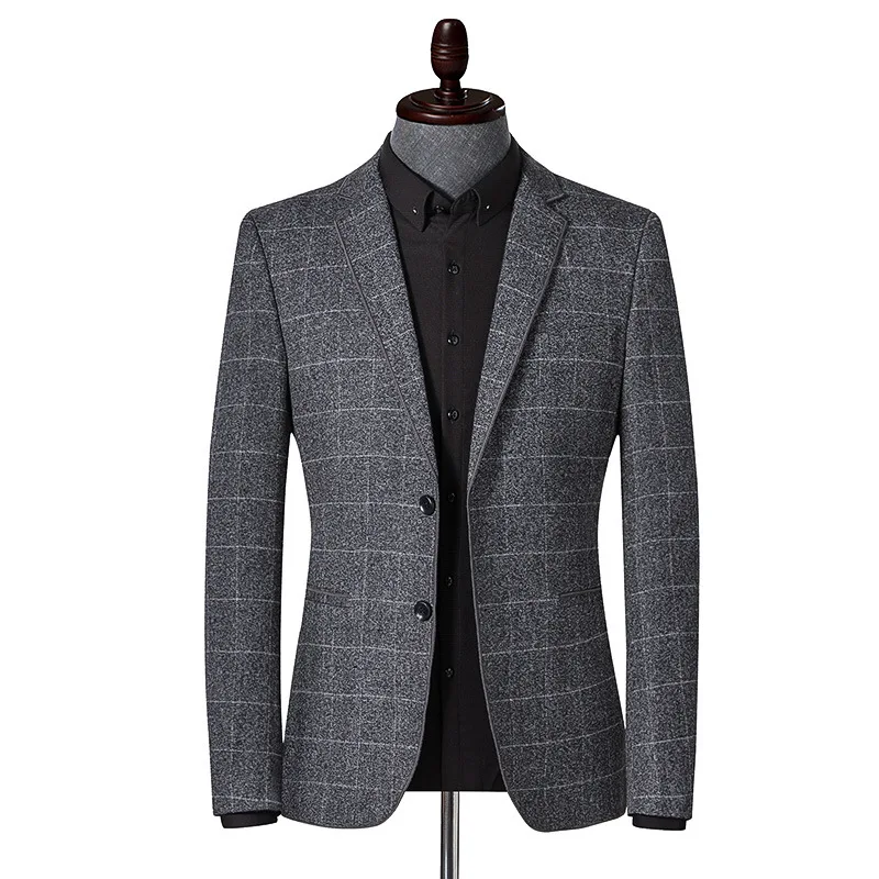 

2020 Men's Non-Ironing Casual Suit Youth Dark Gray Autumn New Plaid Double Buckle blazer