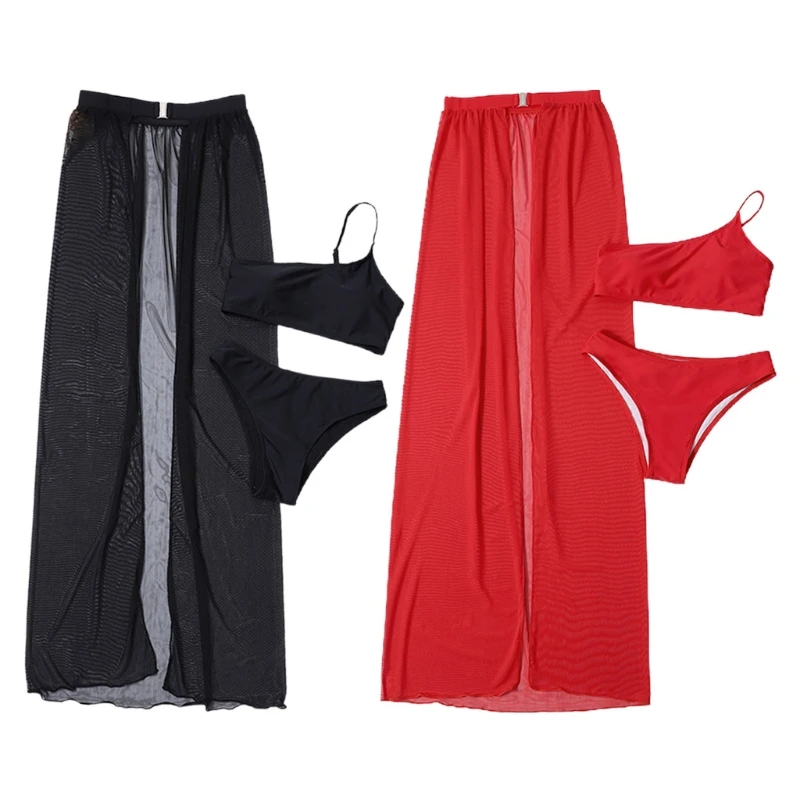 

Комплект бикини женский однотонный на одно плечо, пикантный купальник-труба с треугольным низом и сетчатая Макси-юбка с разрезом, UpBurkini, 3 шт.