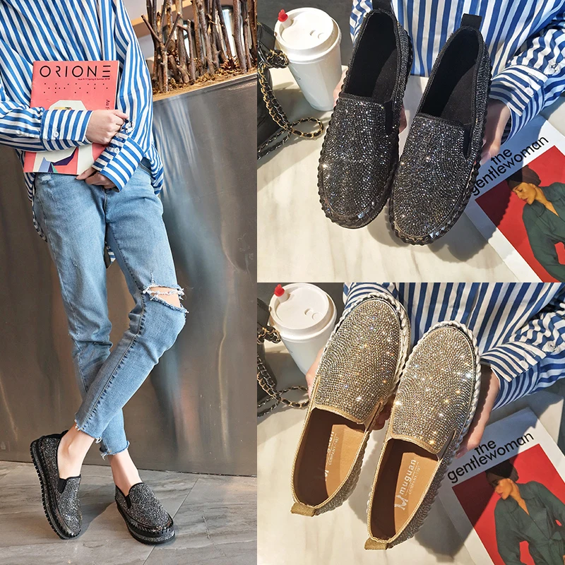 Туфли женские с круглым носком лоферы плоская подошва хрустальные стразы без