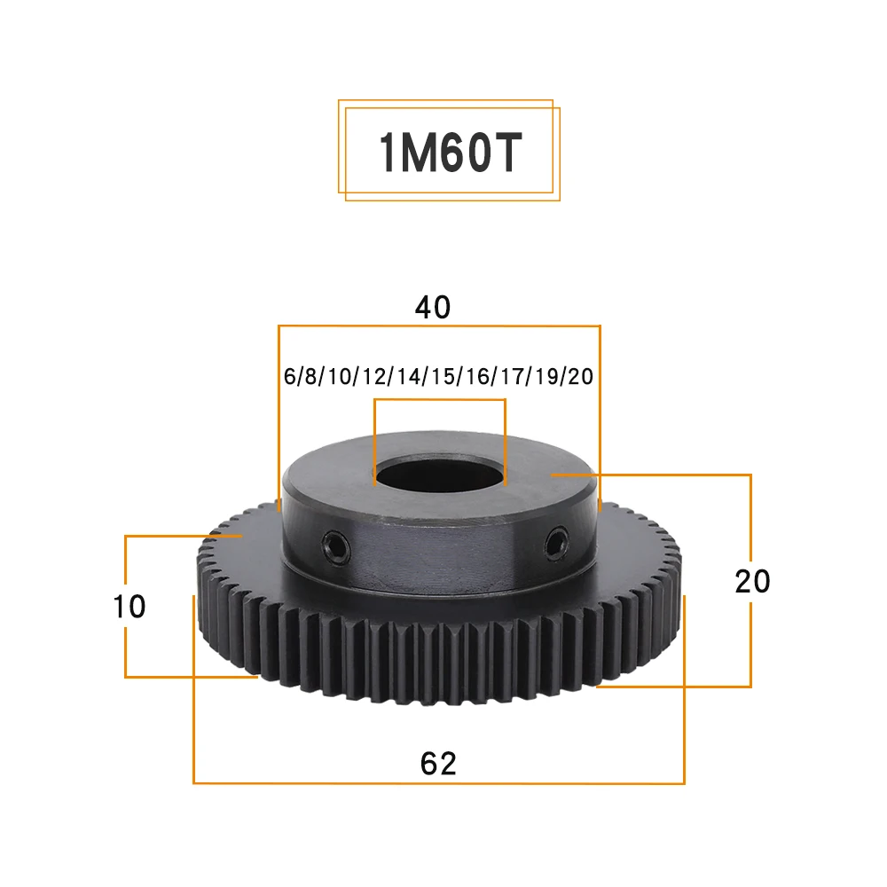Motor Gear 1M-60Teeth SC45#Carbon Steel High Frequency Quenching Teeth Wheel Bore Size 6/8/10/12/14/15/16/17/19/20 mm |