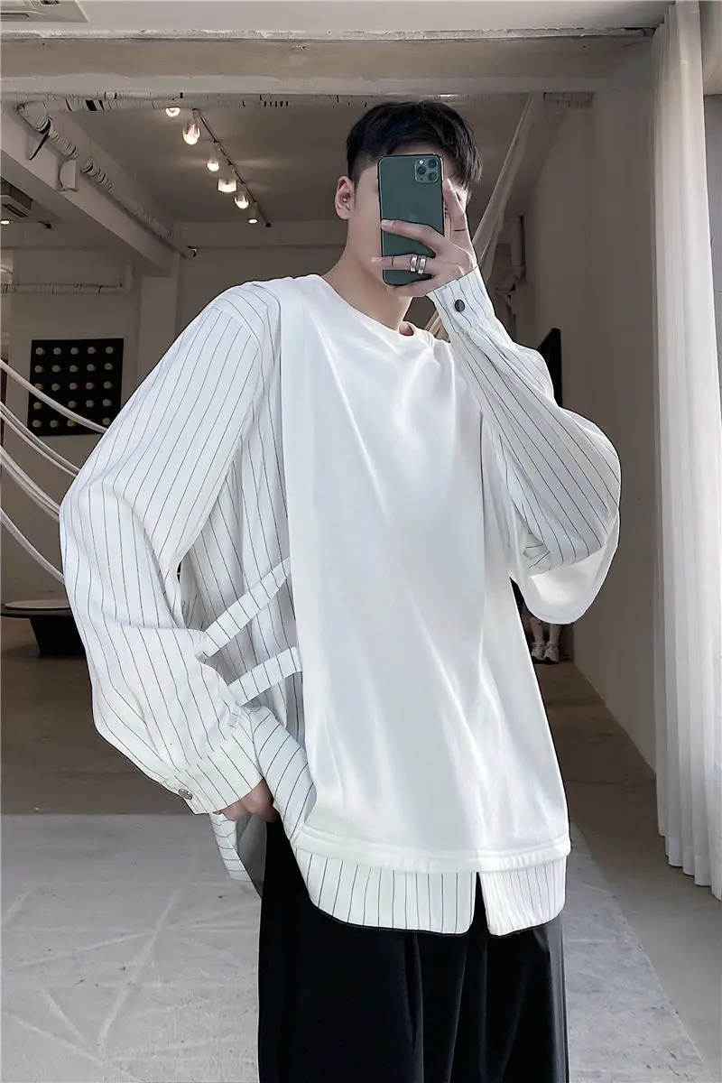 

IEFB 2021 Spring New Fashion Design Niche Fake Two Pieces Mens Sweatshirts Casual Loose O-neck Pullover Tops For Men 9Y6307
