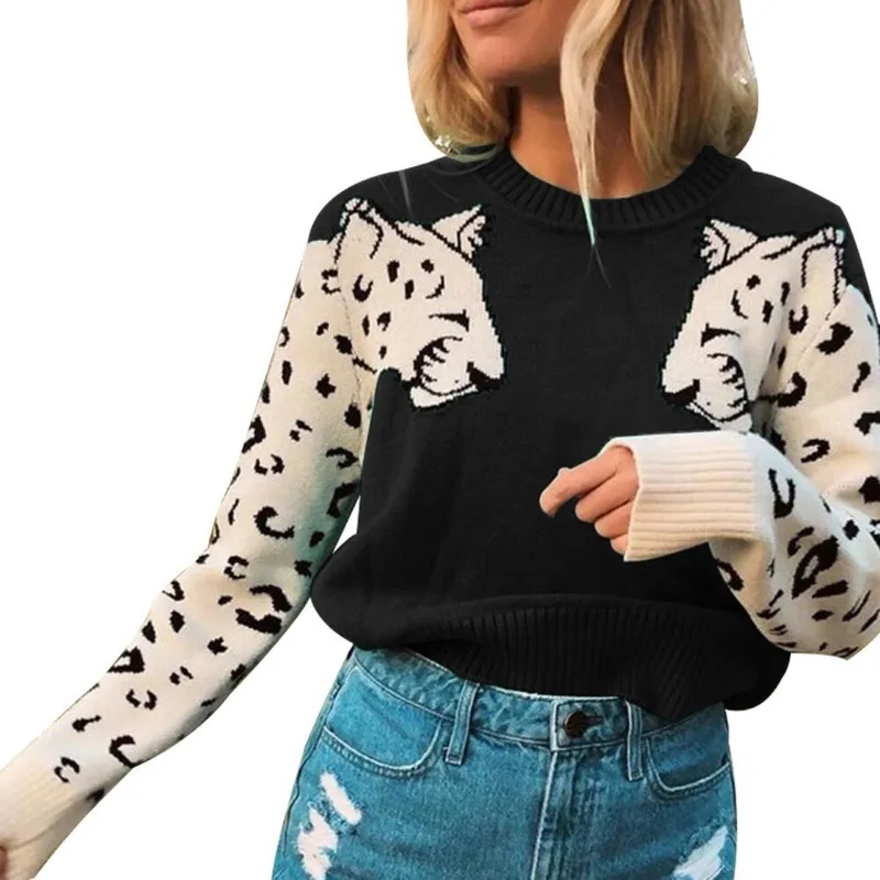 

Casual Autumn Winter Women Thick Sweater Pullovers Long Sleeve Chic Leopard Animal Sweater Female Knit Top Soft Jumper Tops