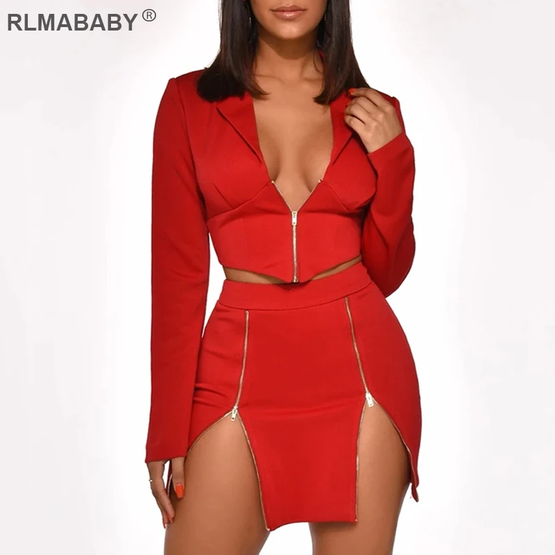 

Женский спортивный костюм RLMABABY, повседневный облегающий пиджак и юбка на молнии, Женский комплект 2 шт.