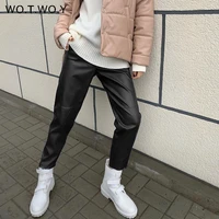 wotwoy drawstring high waist loose leather pants women autumn winter full length casual straight trousers female black pants