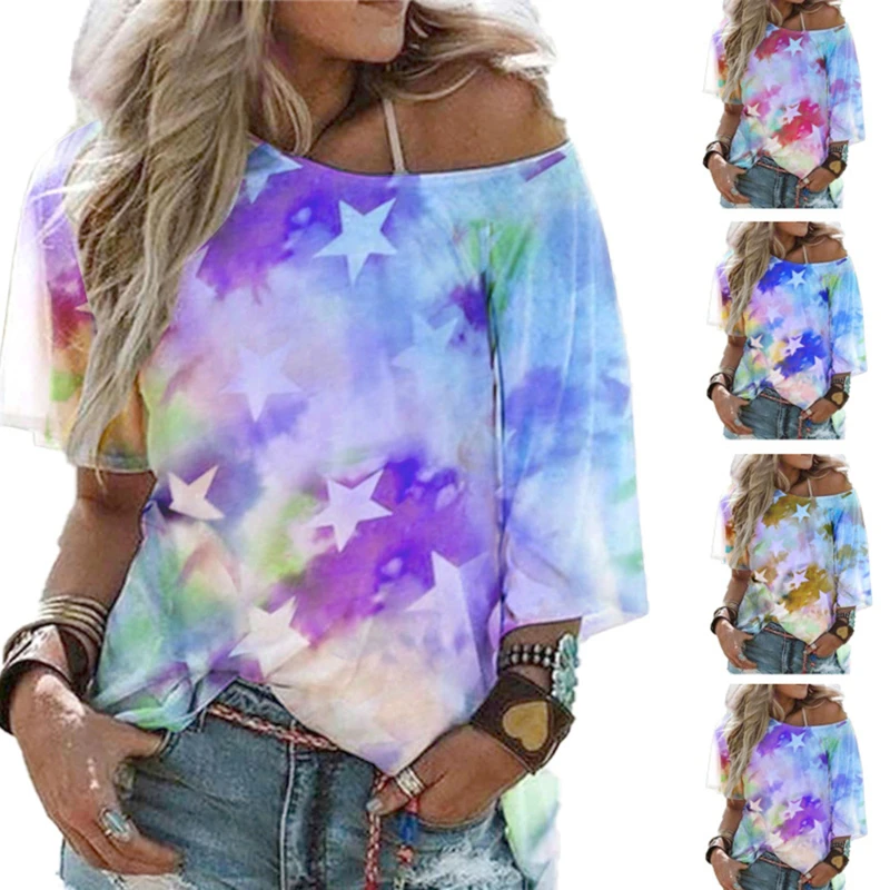 

Tie-dye Star Print Ladies Clothing Loose Sleeve Style Short Sleeve Round Neck T-shirt Top Casual Girlfriend Gifts