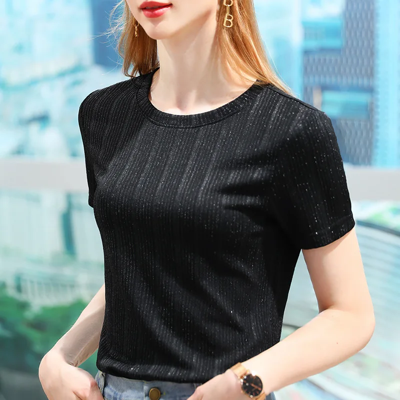 

Round neck short sleeve T-shirt women's summer women's 2021 new mesh base shirt vertical stripe bright silk elastic top