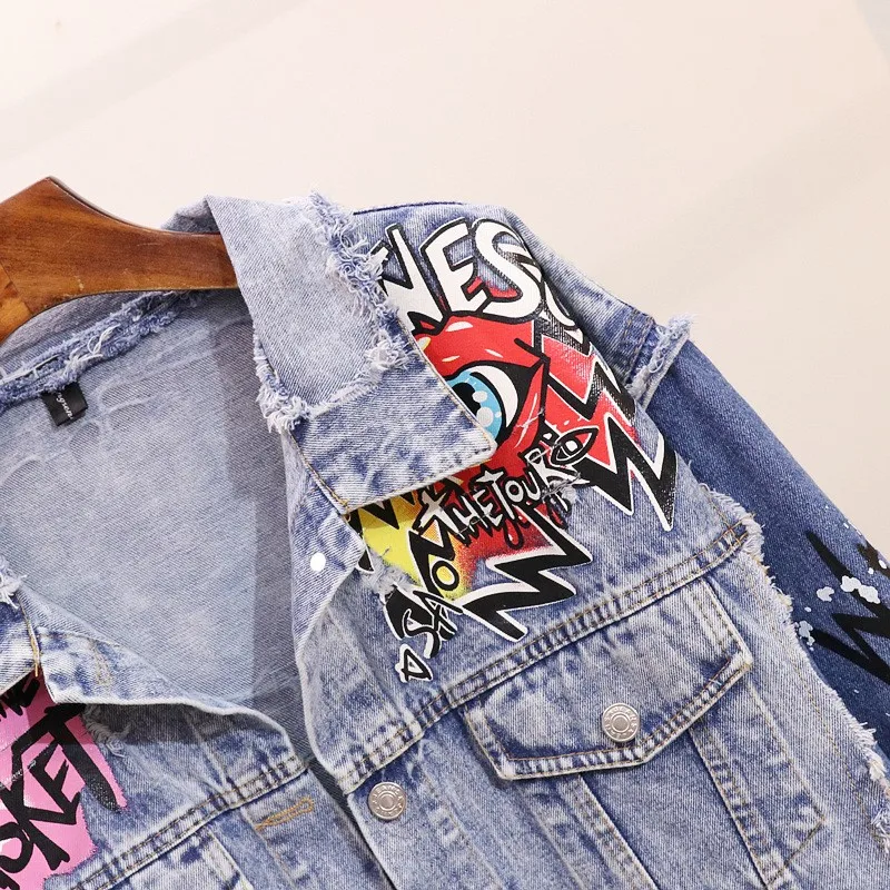 

Graffiti Printing Hole Ripped Panelled Womens Denim Jackets Fashion Single Breasted Loose Hip Hop Casual Female Outerwear Coat