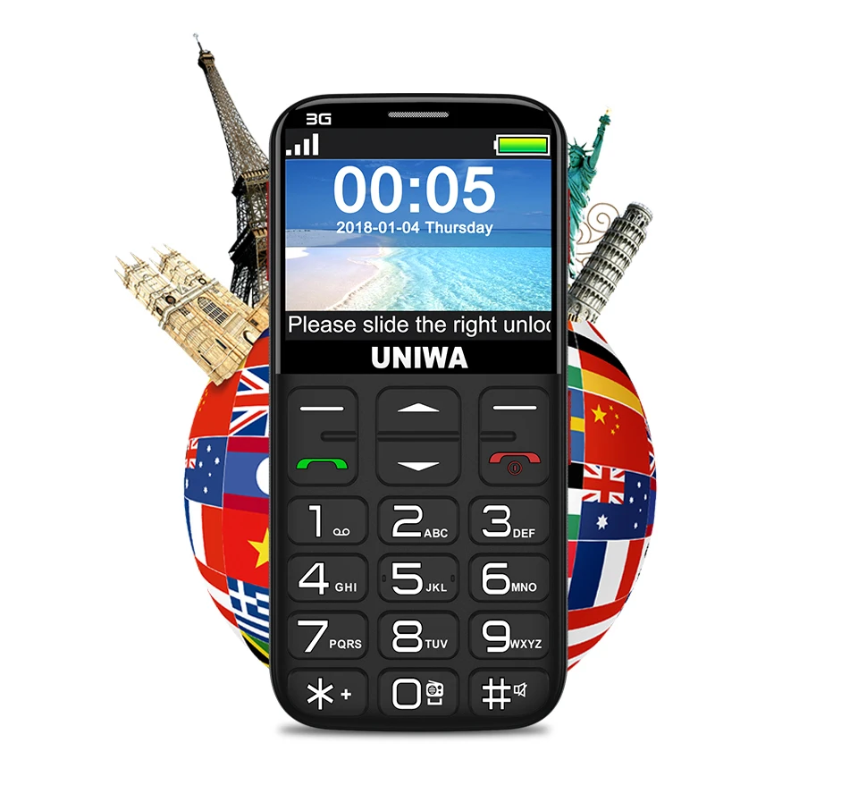 UNIWA V808G английская русская клавиатура 10 дней в режиме ожидания 3g WCDMA сильный фонарь Мобильный телефон большой SOS 3g мобильный телефон