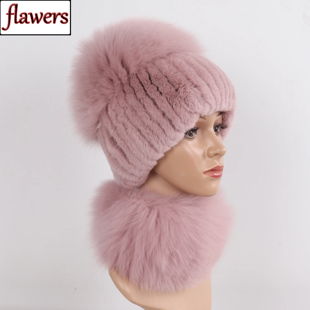 

New Natural Knitted Soft Fox Fur Hat Scarf 2 Pieces Women Winter Warm Luxury Real Rex Rabbit Fur Top Fox Fur Hats Scarves Sets