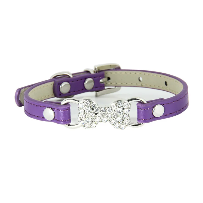 Purple Pawstrip, 5 цветов, шикарные стразы, ошейник для маленьких собак из искусственной кожи, ошейник для кошек, чихуахуа, Йоркского плюшевого питомца, ошейники для домашних животных S/M - Цвет: Purple