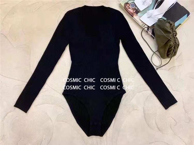 Cosmicchic Women Long Sleeve Knitted Wool Bodysuit Autumn Winter O Neck Sexy Bodycon Top Quality Party Club Solid Body