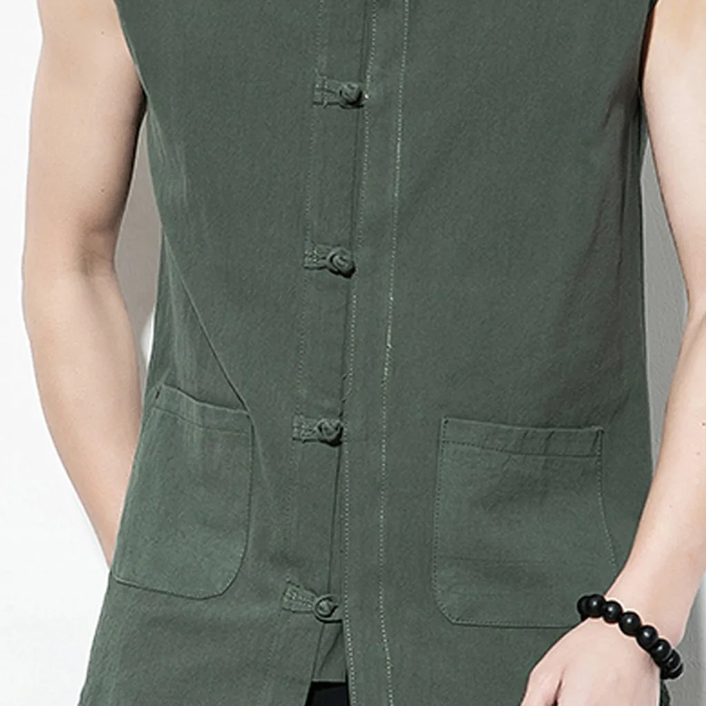

Tank Top Men Spring Autumn Slim Pocket cotton fabric Linen Solid Buttons Sleeveless Casual Shirt Tee Blouse Vest Tank W0710