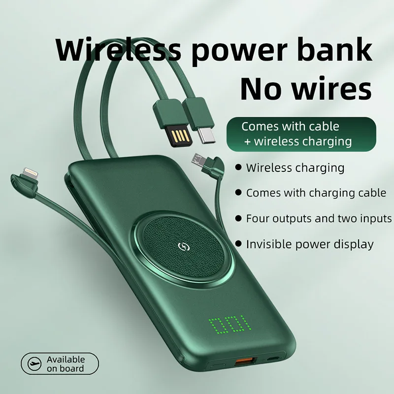 

20000mAh Power Bank Wireless Charger 10000 mAh Powerbank with Cable For iPhone 12 13 Samsung Portable External Battery Poverbank