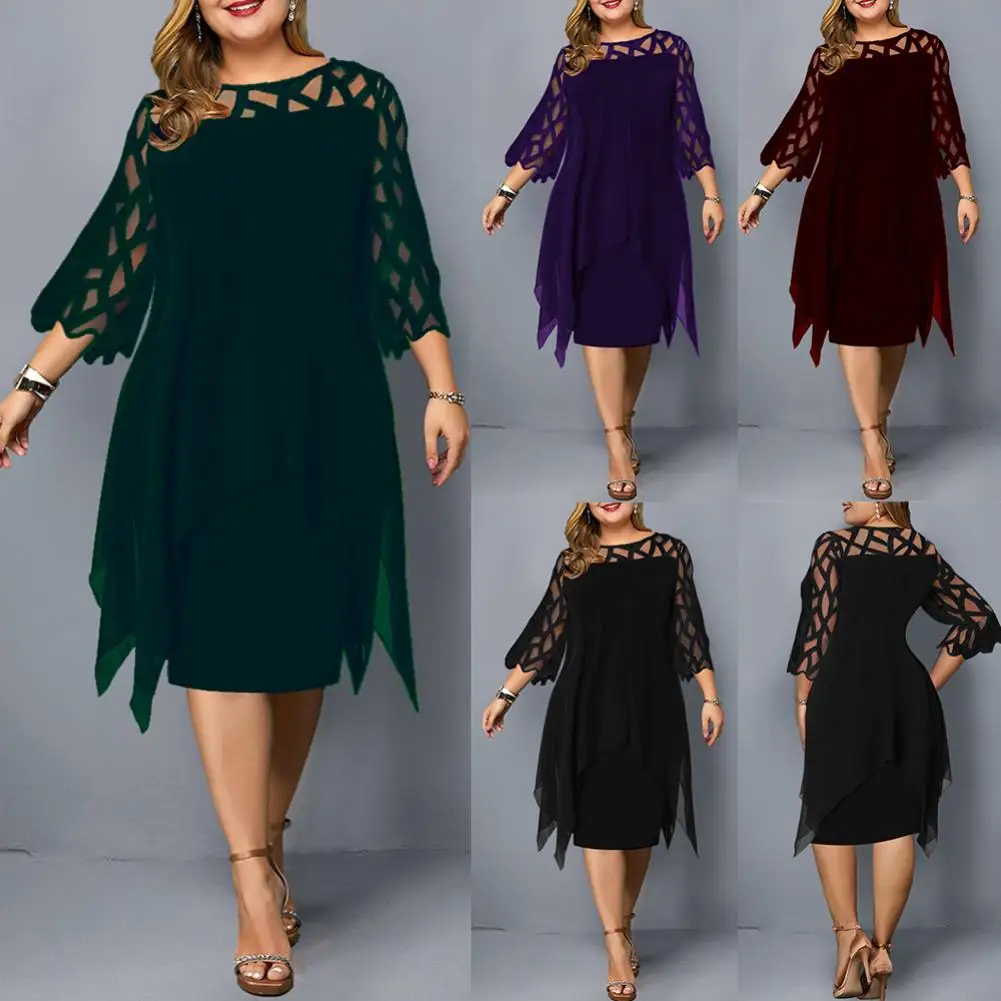 

Fashion Women Summer Dress Plus Size 5XL See Through 3/4 Sleeve Fake Two Piece Irregular Hem Knee-length Dress women Vestidos