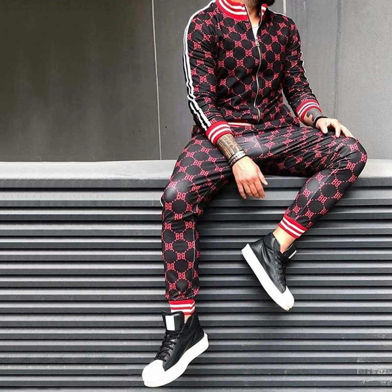 

Autumn and winter gentleman floral plaid men's suit jacket + pants sportswear high quality 3D printed zipper two-piece suit 3XL