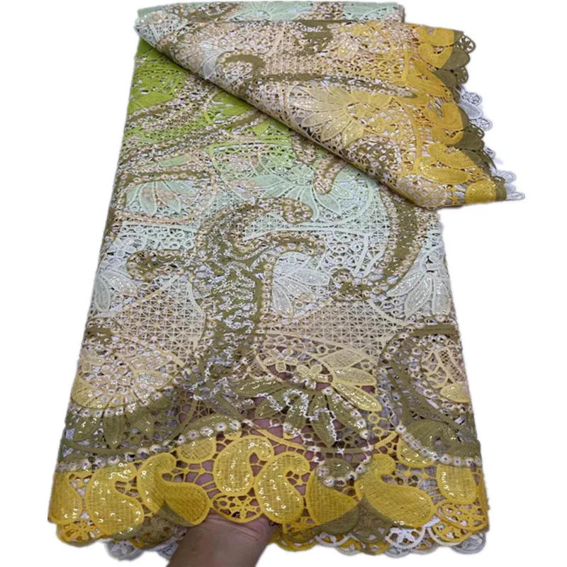 

African French Water Soluble Guipure Lace Fabric With Sequins High Quality Nigerian Guipure Cord Lace Fabric For Wedding JY51409