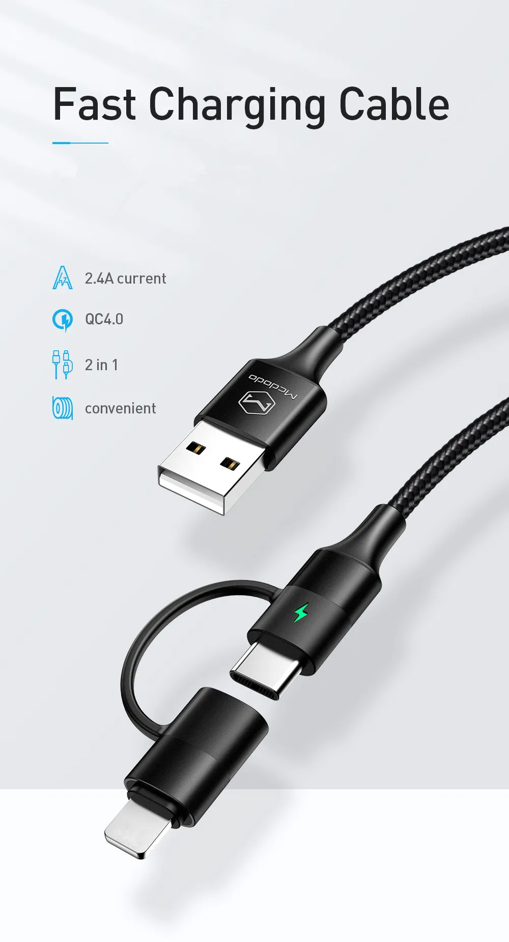MCDODO 2в1 кабель USB type-C для iPhone XS MAX XR X 8 7 Plus быстрое зарядное устройство type C шнур QC 4,0 быстрое зарядное устройство для Samsung S10 huawei